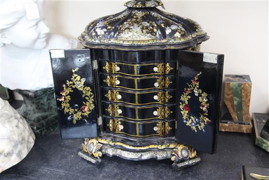 A Victorian papier mache combined jewellery and needlework casket, 17in. height 22in.